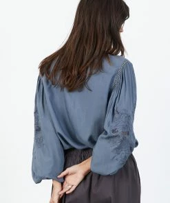 Lollys Laundry VALENTINAL BALLOON SLEEVE GREY EMBROIDERED SHIRT