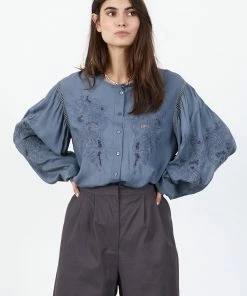 Lollys Laundry VALENTINAL BALLOON SLEEVE GREY EMBROIDERED SHIRT