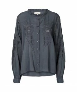 Lollys Laundry VALENTINAL BALLOON SLEEVE GREY EMBROIDERED SHIRT